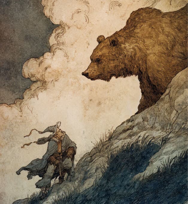 Illustrazione: l'orso bruno marsicano su un pendio roccioso osserva un viandante incappucciato